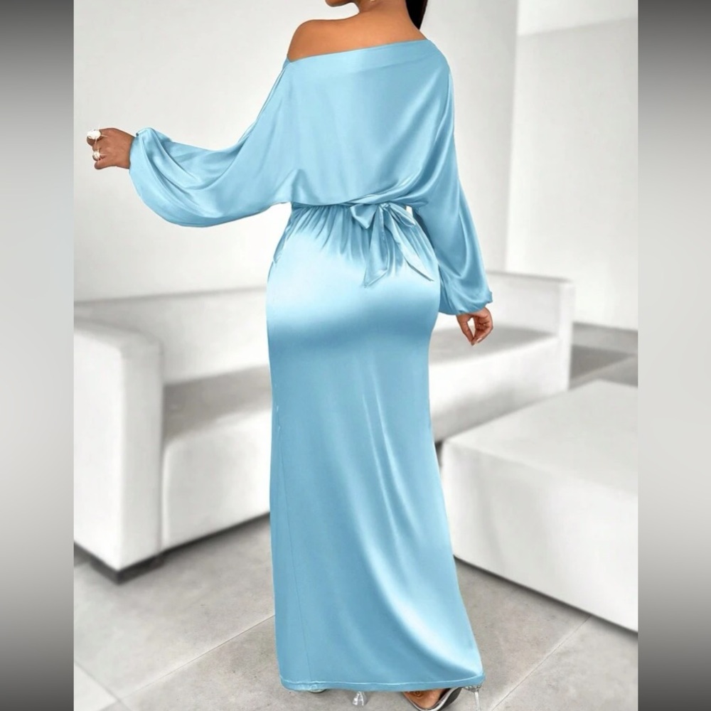 Luxe long sleeve slit thigh party formal evening satin dress - Picture 3 of 6